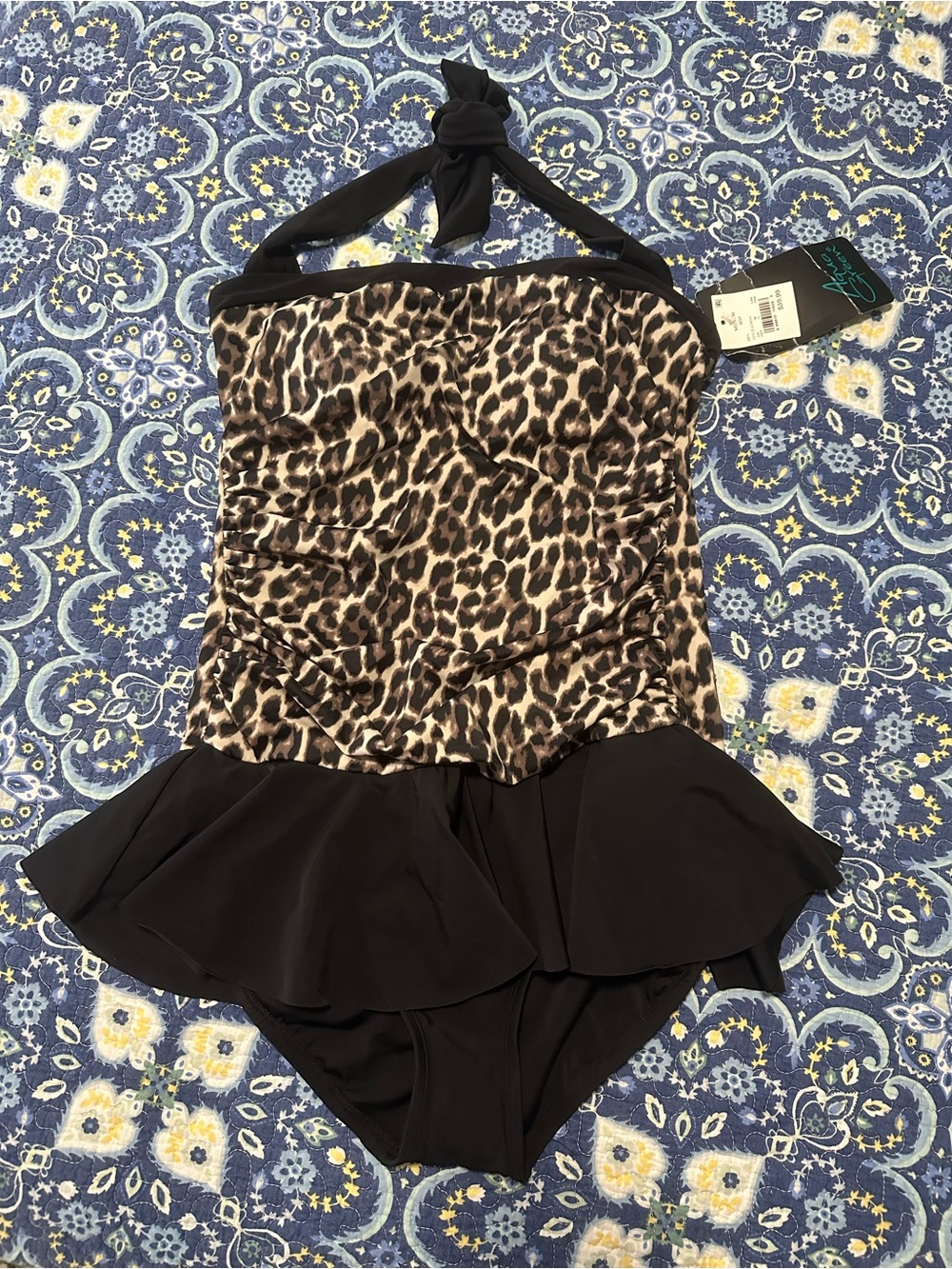 Aqua Green Leopard-Print Halter One-Piece with Black Skirt